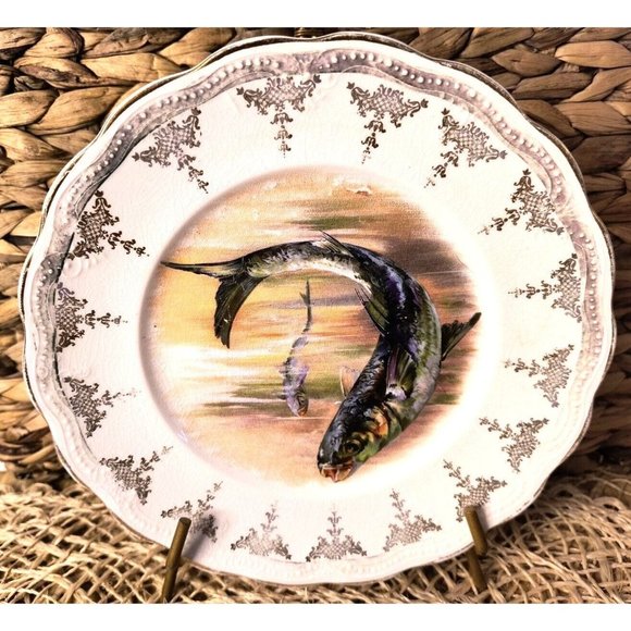 Antique Sterling China Fish Plates, Cabinet Plates, Wall Decor, SET/3 - Picture 1 of 12